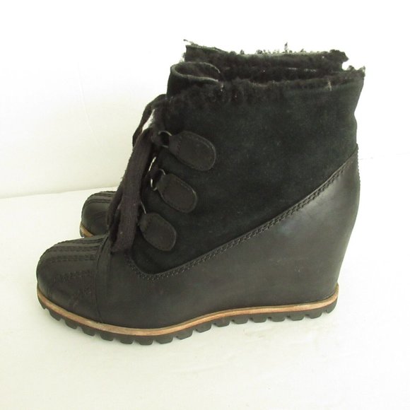 Ugg Alasdair Wedge Boots 7 EU 38 Black Leather Suede Shearling Lace Up 1018889 - Picture 2 of 12